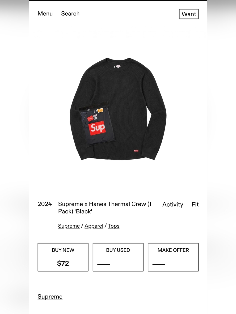 Supreme X Hanes Black Thermal Crew - Single Pack